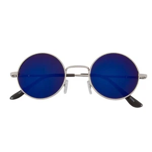 KIDS CHILD SIZE ROUND SUNGLASSES SILVER FRAME BLUE MIRROR LENS HIPPIE HIPSTER UV - Picture 1 of 5