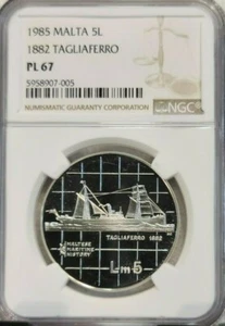 1984 MALTA SILVER 5 LIRI MARITIME HISTORY 1882 TAGLIAFERRO NGC PL 67 RARE BEAUTY - Picture 1 of 4