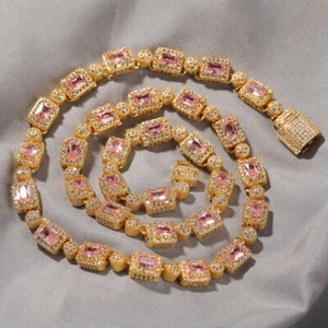 Hip Hop Tennis Chain Necklace Bracelet Pink Zirocn 18k Gold Plated Jewelry - Picture 1 of 28