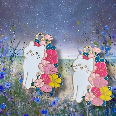 5 dijes de gato Kawaii colgantes de oro esmalte floral 28x19 mm gotas de cuentas hágalo usted mismo Foto 1 de 3
