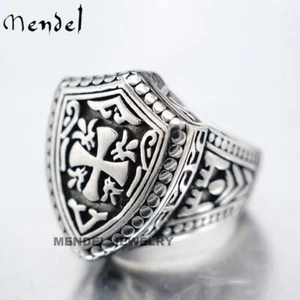 MENDEL Mens Shield Cross Knights Templar Ring Silver Stainless Steel Size 7-13 - Picture 1 of 7