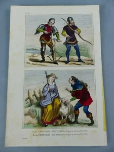 GRAVURE ancienne vers 1850 costumes FRANCE militaires paysans CHARLES VI ,220 - Imagen 1 de 1