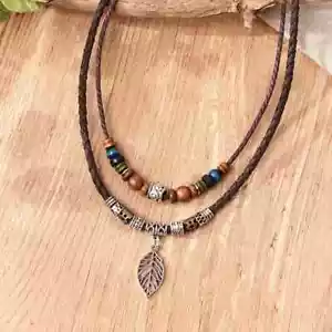 PU Leather Natural Boho Leaf Necklace Pendant, Wooden Beads, Ethnic, Long Chain - Picture 1 of 8