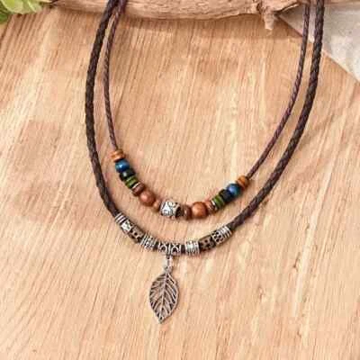 PU Leather Natural Boho Leaf Necklace Pendant, Wooden Beads, Ethnic, Long Chain — 第 1/4 张图片