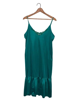 Vintage 80s Lady Cameo Dallas Plus 1X Green Drop Waist Ruffle Nylon Slip Dress - Image 1 of 4