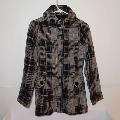 Rouge Cotton Blend Gray Plaid Pea Coat Women Sz Small Tweed Full Zip Snaps - Image 1 of 4