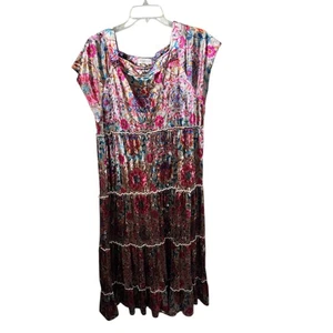Maxi Vestido Natural Life Terciopelo En Niveles Multicolor Floral Mangas Cortas XL Marrón - Imagen 1 de 3