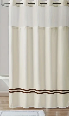 Cortina de Ducha 36" x 74" Sin Gancho-Rayas Satinadas Marrón Crema-Panel de Malla Foto 1 de 4