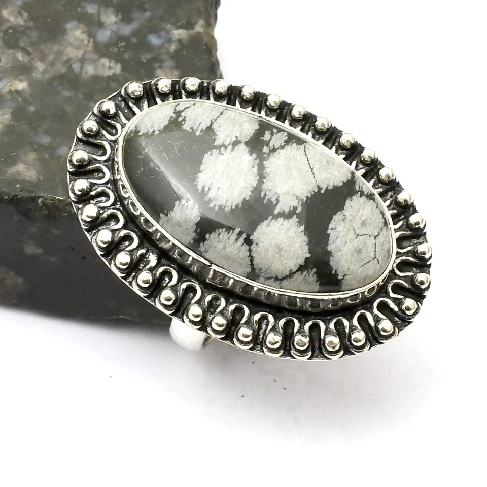 Кольцо ювелирное изделие ручной работы из обсидиана снежинки в подарок размер США - 8 AR 26208 - Изображение 1 из 1