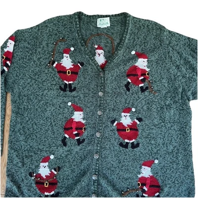 Vintage Quacker Factory Sweater Womens Large Santa Claus Christmas Cardigan 90s - Image 1 of 4