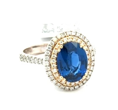 Anillo de compromiso video con halo de diamantes y zafiros naturales de oro macizo de 14 quilates de 3,25 quilates  Foto 1 de 4