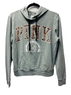 Victoria Secret Love Rosa S Gris Lentejuelas Pullover Sudadera con Capucha Grunge Hip Funky Bling Foto 1 de 3
