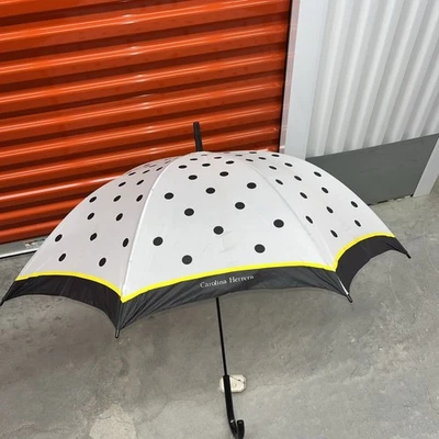 Vintage Umbrella Carolina Herrera Black Polka Dots White Yellow NEW - Image 1 of 4