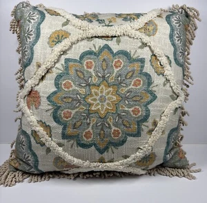 Boho Chic Accent Sofa Couch Pillow Braided Fringe Floral Turquoise 19" x 19" - Picture 1 of 7