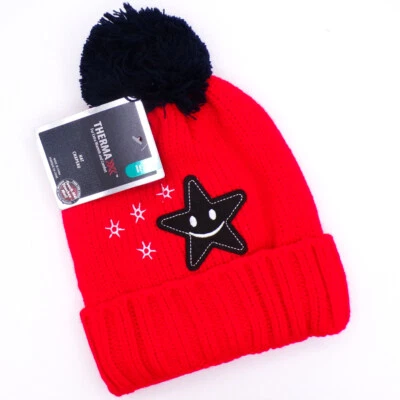 Sombrero tejido con puños forrado cara feliz rojo + azul marino para niños con pompón Foto 1 de 2