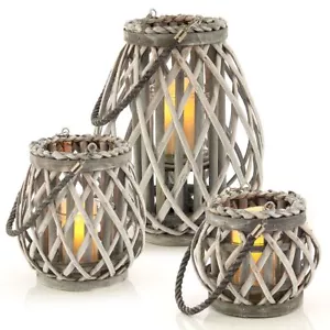 Wicker Willow Candle Lantern Rope Basket Rustic Weave Natural Grey Hanging 3Pcs - Picture 1 of 11