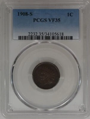 1908 S Indian Head Cent PCGS VF 35 - Image 1 of 3