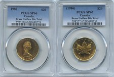 Unique Pair of 1986 Canada ½ oz Maple Leaf $20 Brass Die Trials Pcgs Specimen