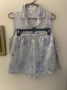 OSCAR DE LA RENTA Pink Label Women’s Sheer Navy Floral Top Pajama Shorts Set Lrg - Picture 1 of 12