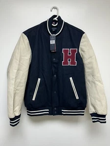New $250 Tommy Hilfiger Men's H Black Letterman Varsity Bomber Jacket Size M - Picture 1 of 10