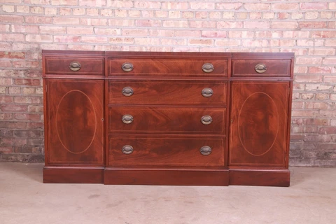 Baker Furniture Inlaid Mahogany Sideboard Credenza or Bar Cabinet, Refinished Cover