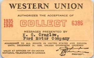 1935 1936 Western Union Telegram Collect Card - Ford Motor Co. - P46 - Picture 1 of 2