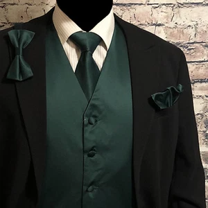Dark Green Tuxedo Suit Vest Waistcoat & Neck tie & Bow tie & Hanky 4 in 1 Set - Picture 1 of 3