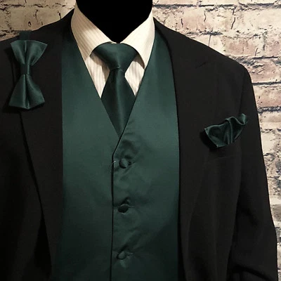 Dark Green Tuxedo Suit Vest Waistcoat & Neck tie & Bow tie & Hanky 4 in 1 Set - Image 1 of 3
