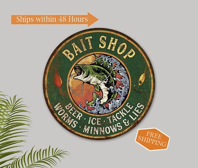 Bait Shop Sign Rustic Fish Man Cave Den Round Wall Decor Vintage 100142001002 - Image 1 of 4
