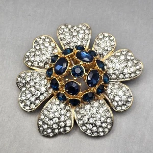 VTG Gold-Tone Floral Brooch w/ Prong Set Blue Crystals & Pave Clear Rhinestones - Picture 1 of 8