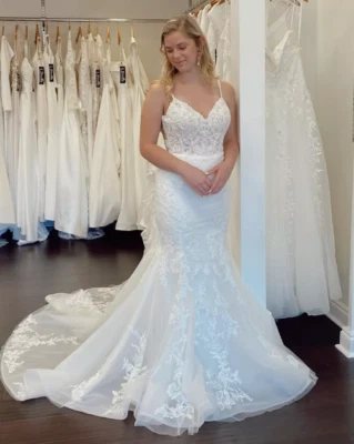 Beach Mermaid Wedding Dresses Boho Spaghetti Straps Lace Sweep Train Bridal Gown - Image 1 of 4