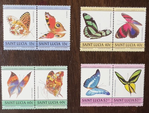 1985 ST. LUCIA BUTTERYFLY STAMPS #731-738 MINT MNH OG PAIRS Cover