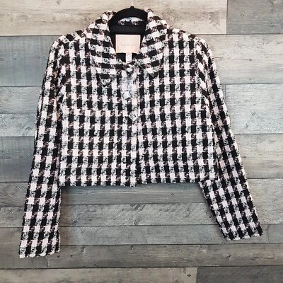 Anthropologie Hutch Tweed Crop Jacket Blazer XS Black Pink Dogtooth Smart Casual - Image 1 of 4