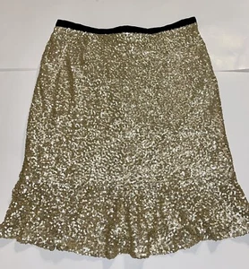 Gianni Bini Gold Sequined Skirt Size 8 Ruffled Hem w Black Trim & Zipper Back - Bild 1 von 7