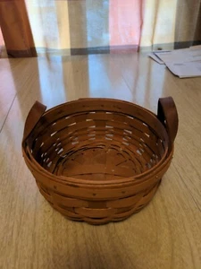 Longaberger 6 1/2" Round Basket w 2 Leather Handles, Signed, 1991, Vintage - Picture 1 of 5