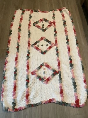 Handmade Crochet Pom Pim Throw Blanket 60x38 Inches - Image 1 of 3