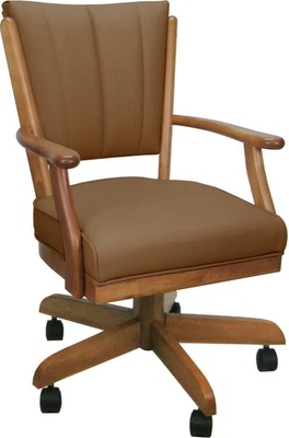 Silla de comedor clásica de cuero con ruedas de madera maciza - marrón sobre miel Foto 1 de 3