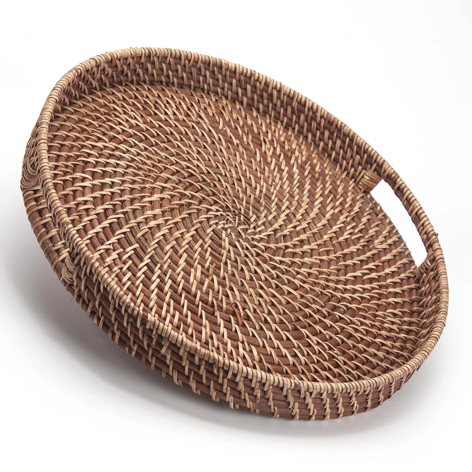 Round Rattan Woven Serving Tray W Handles Ottoman Honey Brown 13.8" X2