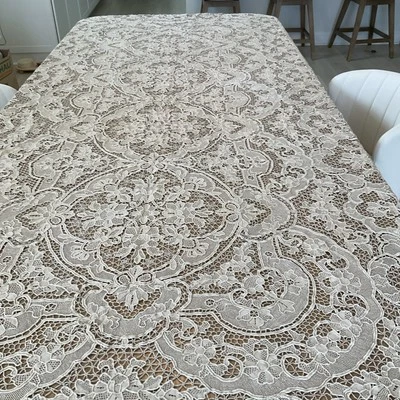 Mantel de banquete vintage crudo punto de venisa aguja encaje 108" x 60" Foto 1 de 4