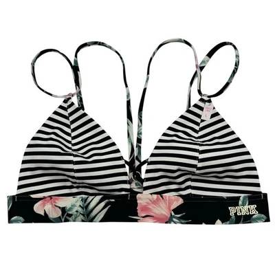 全新带标签 VS 粉色 粘合 轻薄内衬 条纹 绑带 Bralette 黑色/白色 L 码 — 第 1/4 张图片