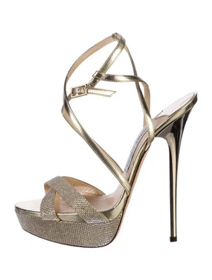 Sandalias JIMMY CHOO Liddie 145 Oro Brillo y Cuero Metálico Talla 9.5 IT 39.5 Buenas Foto 1 de 4