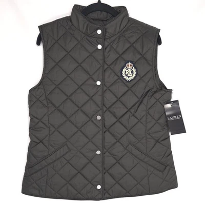 LAUREN RALPH LAUREN New MEDIUM Vest Crest-Patch Diamond Quilted Green Army Women - Image 1 of 4