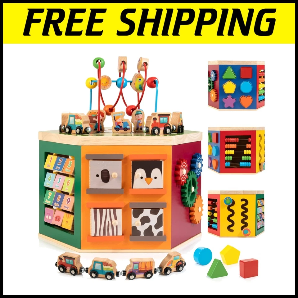 Educational 9-in-1 Wooden Activity Cube with Magnetic Train for Kids - Safe Fun! - Image 1 of 4