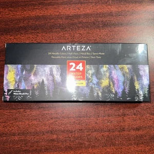 Arteza 24 Acquerelli Metallizzati | Mezze Pentole In Metallo Latta da Viaggio Nuovo con scatola - Foto 1 di 4