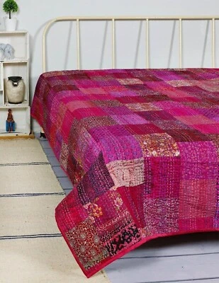 Vintage Patchwork Kantha Bedspread Indian Handmade Quilt Throw Cotton Blanket - Image 1 of 2