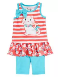 Young Hearts Girls Striped Kitty Sleeveless Top & Shorts Outfit 2 Piece Set 5 - Picture 1 of 1