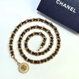 CHANEL Coco Mark Lion Vintage Gold Black GP Women's Metal Leather Chain Belt - Picture 1 of 12