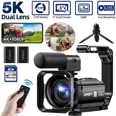 MARKENLOS ✅5K Doppelobjektiv 4K Camcorder 56MP Digital Videokamera WiFi IR-Nachtsicht 64GB
