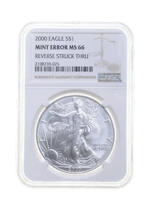 MS66 MINT ERROR 2000 American Silver Eagle - REV Struck Thru - Graded NGC *4382 - Picture 1 of 3