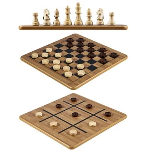 Checkers Chess Tictactoe Game Set 11.5" X 11.5" Doublesided 3 In 1 Board With Ch - Picture 1 of 7